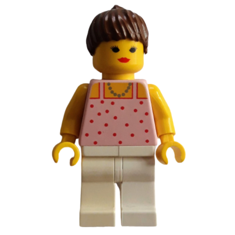 LEGO Woman, Pink Top with Spots, White Legs, Brown Hair - Closed Mouth (fig-010395)