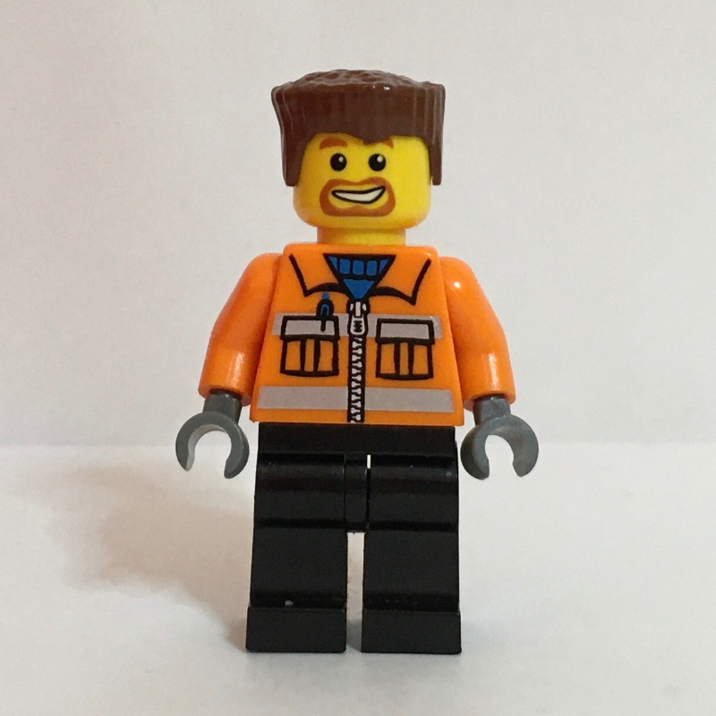 LEGO Construction Worker, Orange Jacket with Zipper and Reflective Stripes, Black Legs, Reddish Brown Hair, Goatee Beard (fig-010398)