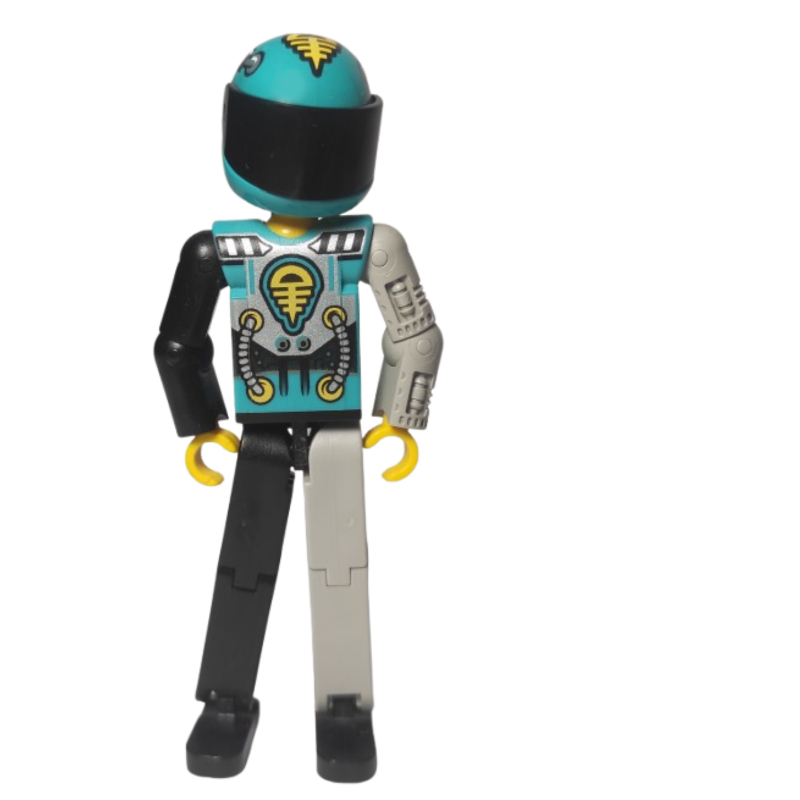 LEGO Technic Figure Black/Light Gray Legs, Dark Turquoise Torso with Yellow, Black, Silver Print, Light Gray Mechanical Left Arm - Printed Helmet (fig-010486)