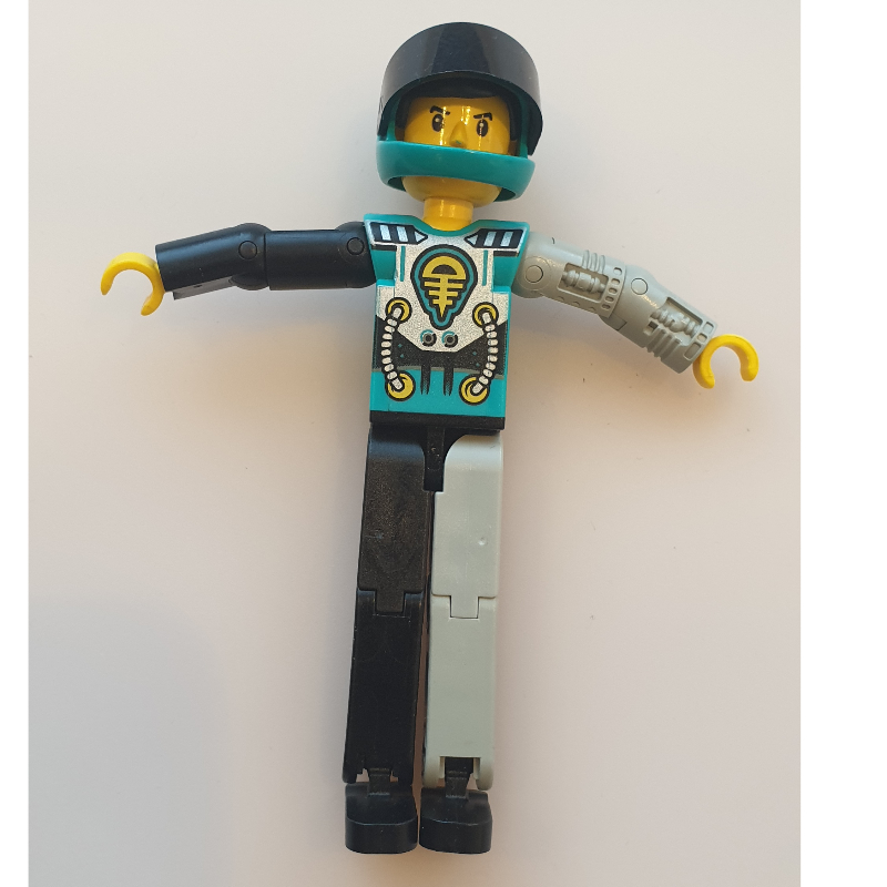 LEGO Technic Figure Black/Light Gray Legs, Dark Turquoise Torso with Yellow, Black, Silver Print, Light Gray Mechanical Left Arm - Dark Turquoise Helmet (fig-010487)