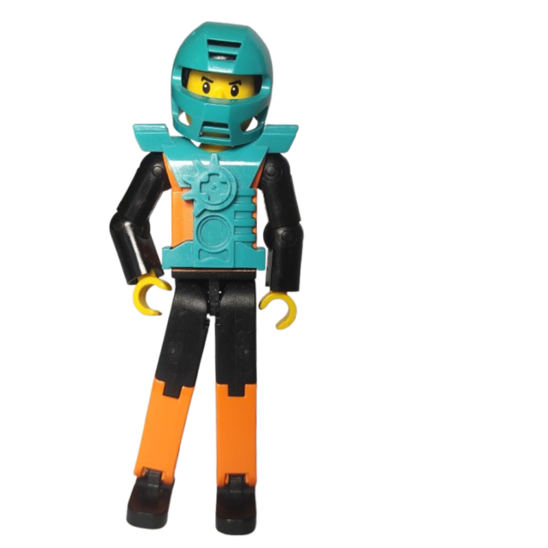 LEGO Technic Figure Orange/Black Legs, Orange Torso with Silver Print, Black Arms, Black Hair - Dark Turquoise Helmet (fig-010493)