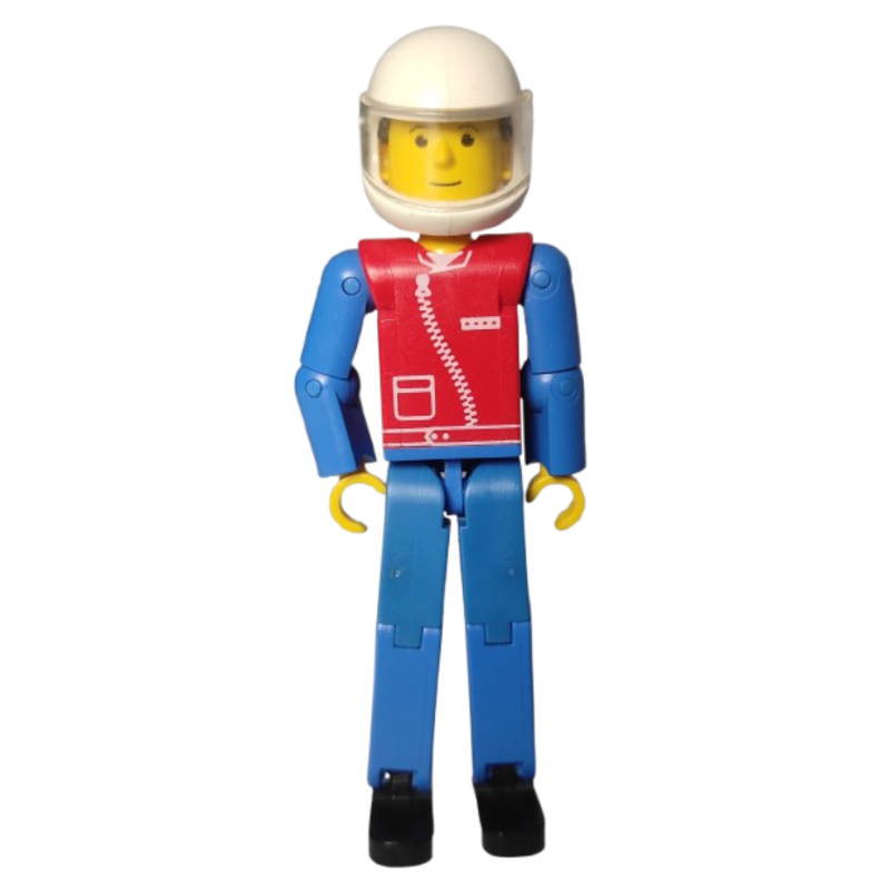LEGO Technic Figure Blue Legs, Red Top with Zip, Blue Arms, Black Hair - White Helmet (fig-010494)