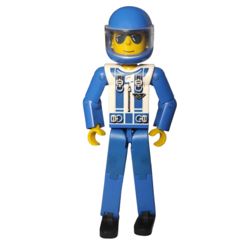 LEGO Technic Figure Blue Legs, White Top with Zip & Shoulder Harness Print, Blue Arms - Blue Helmet (fig-010501)