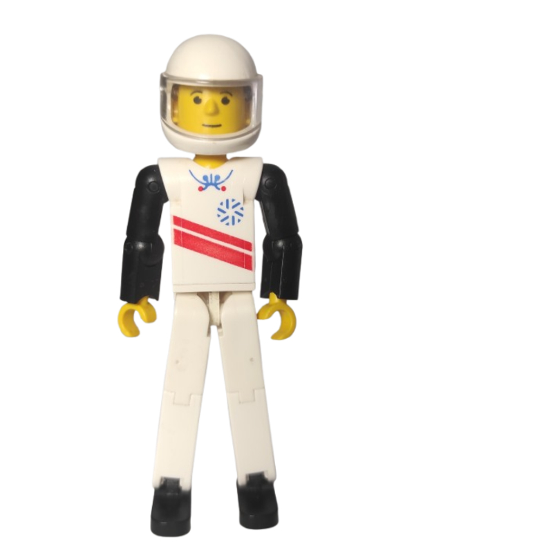 LEGO Technic Figure White Legs, White Top with Red Stripes Print, Black Arms [Skier] - White Helmet (fig-010503)
