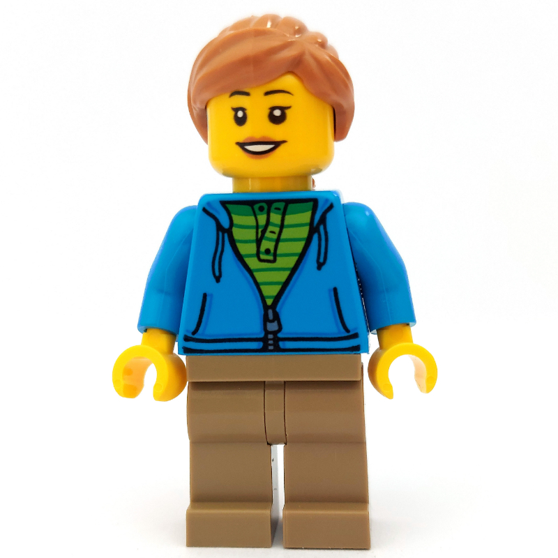LEGO Woman, Open Dark Azure Hoodie over Lime Shirt, Dark Tan Legs, Medium Nougat Hair, Hearing Aid (fig-010564)