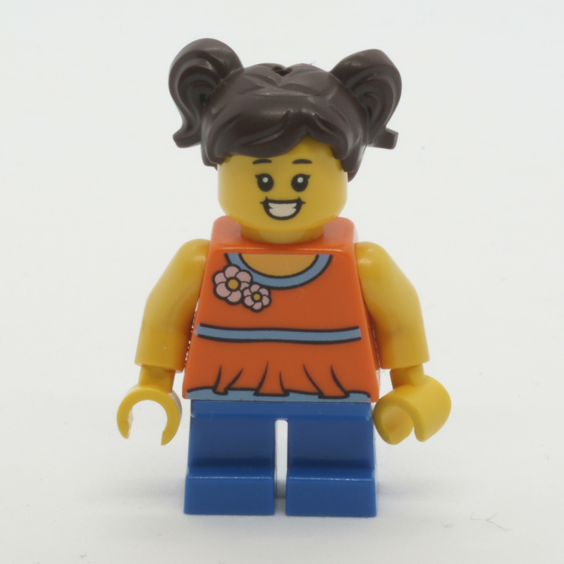 LEGO Girl, Orange Top, Short Blue Legs, Brown Hair (fig-010566)
