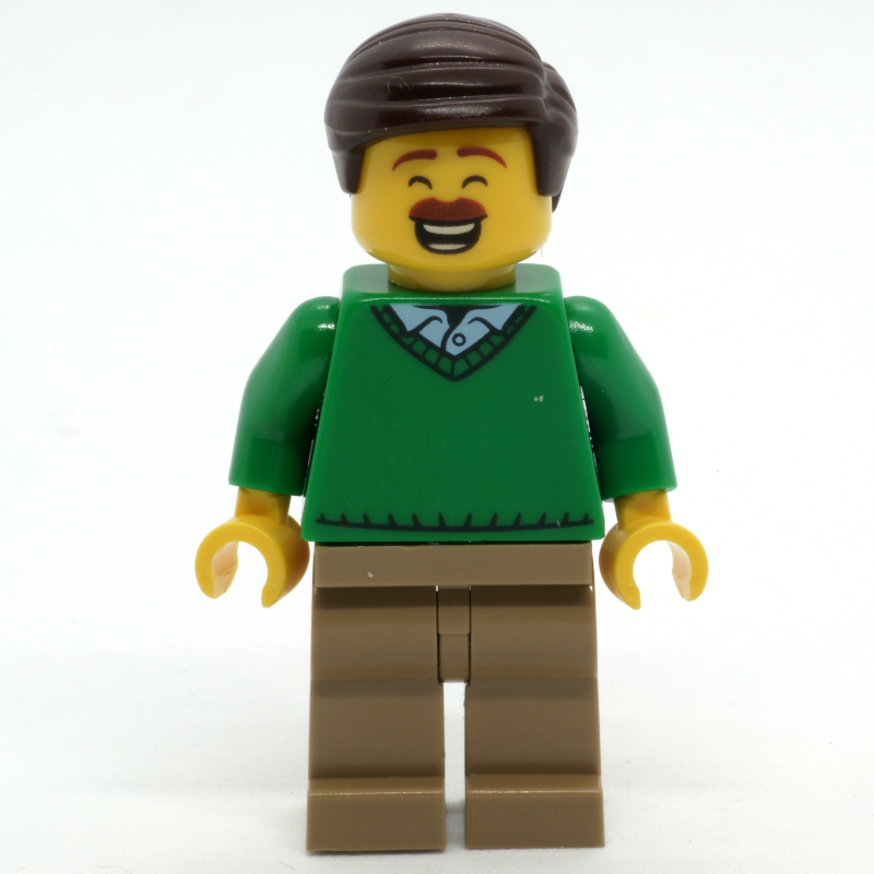 LEGO Man, Green Sweater, Dark Tan Legs, Dark Brown Hair, Moustache (fig-010570)