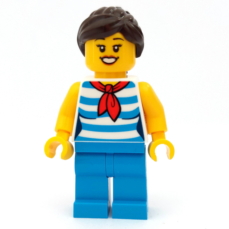 LEGO Woman, Dark Azure Striped Shirt, Dark Azure Legs, Dark Brown Hair (fig-010578)