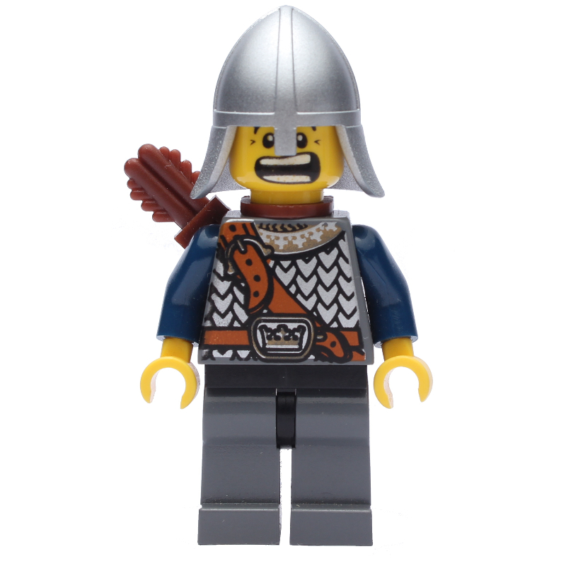 LEGO Knight, Archer with Metallic Silver Helmet, Dark Bluish Grey Legs, and Quiver (fig-010621)