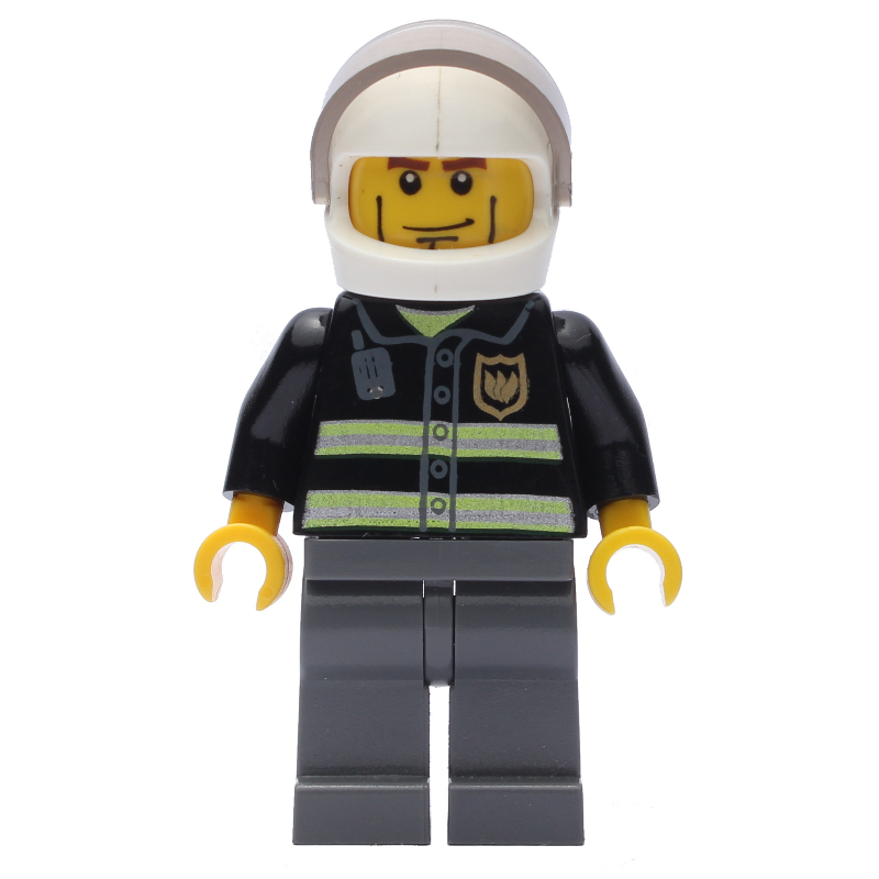 LEGO Fireman, Black Fire Jacket with Reflective Stripes, Radio, and Badge, White Helmet with Visor, Cheek Lines, Dark BLuish Grey Legs (fig-010634)