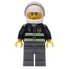 Fireman, Black Fire Jacket with Reflective Stripes, Radio, and Badge, White Helmet with Visor, Cheek Lines, Dark BLuish Grey Legs