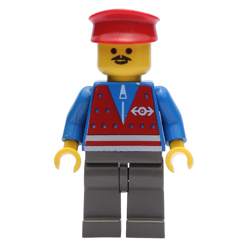 LEGO Train Worker - Blue Torso, Dark Gray Legs, Red Hat (fig-010663)
