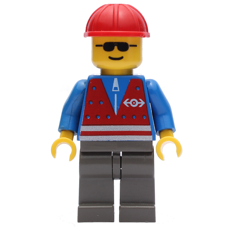 LEGO Train Worker - Blue Torso, Dark Gray Legs, Red Helmet (fig-010664)