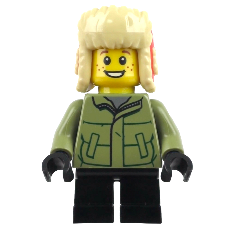 LEGO Boy, Olive Green Jacket, Black Legs, Red Ushanka Hat (fig-010735)