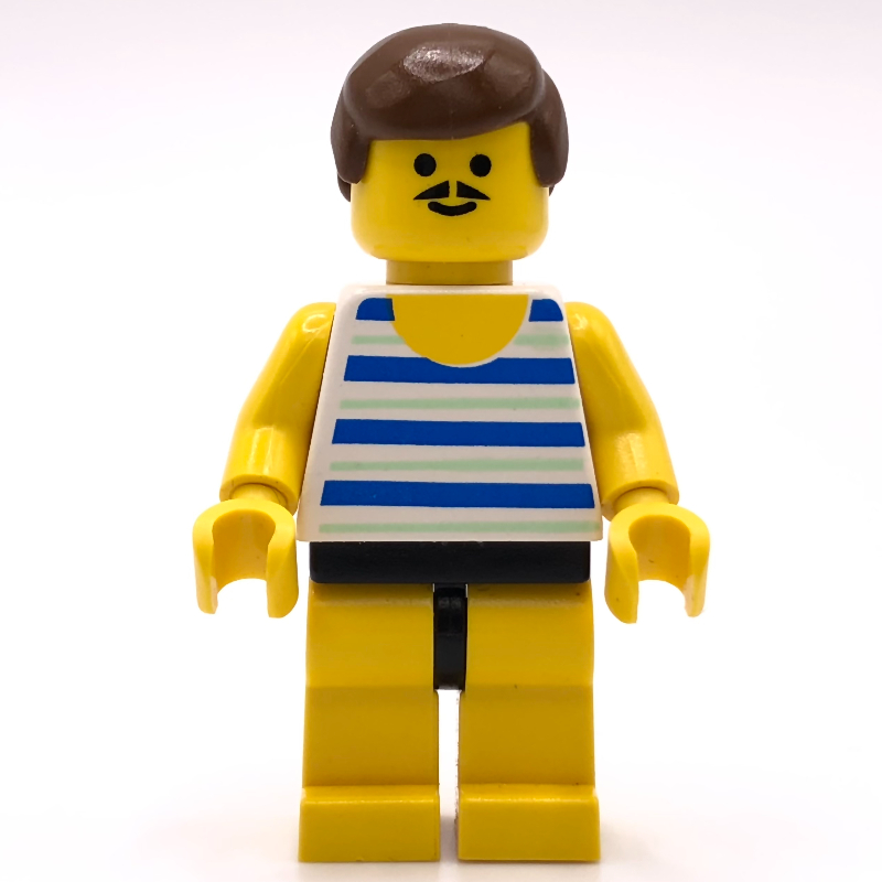 LEGO Man, Blue and White Striped Swimsuit, Brown Hair, Moustache (fig-010741)