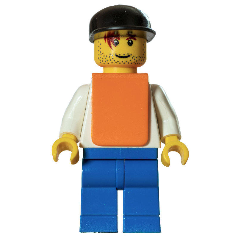 LEGO White Torso, Orange Vest, Blue Legs, Black Cap, Smile (fig-010743)