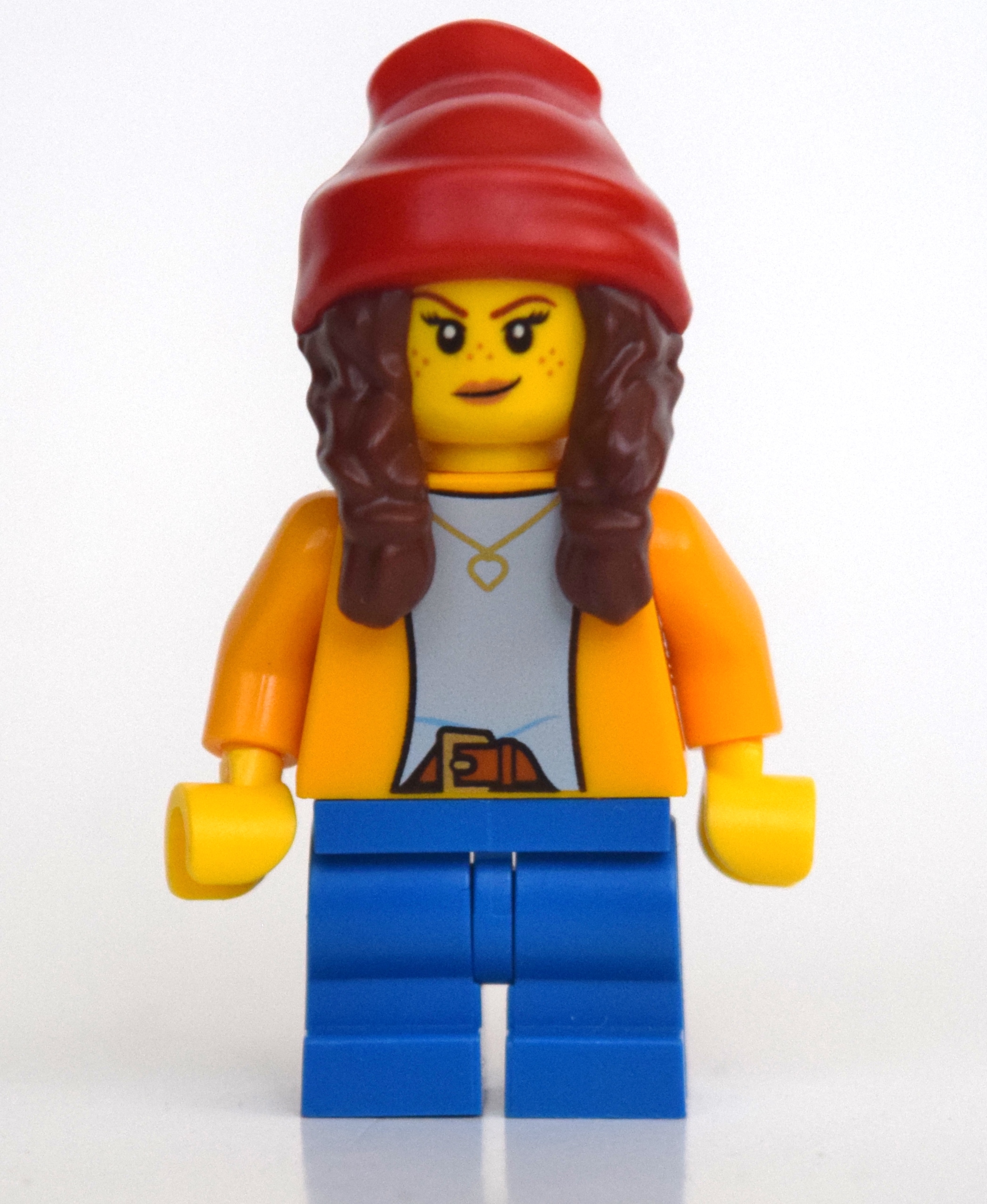 LEGO Girl, Bright Light Orange Shirt, Blue Medium Legs, Red Beanie with Braids (fig-010755)