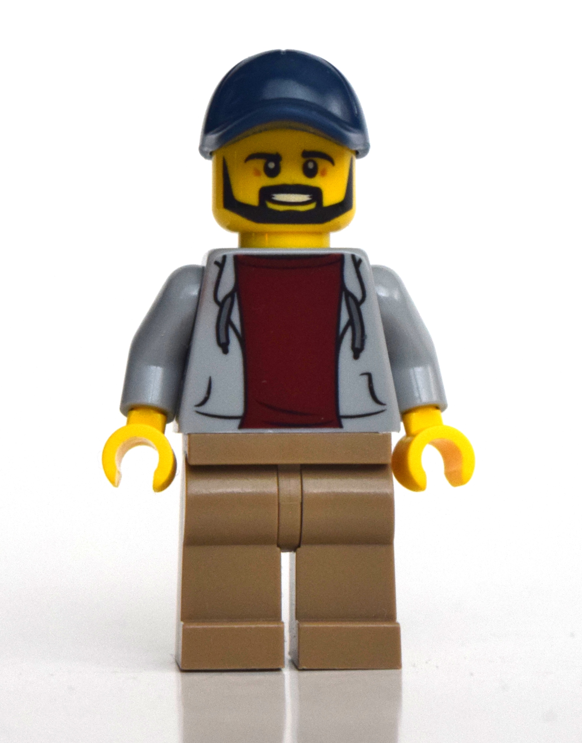 LEGO Man, Light Bluish Gray Open Hoodie, Dark Tan Legs, Dark Blue Cap, Beard (fig-010756)