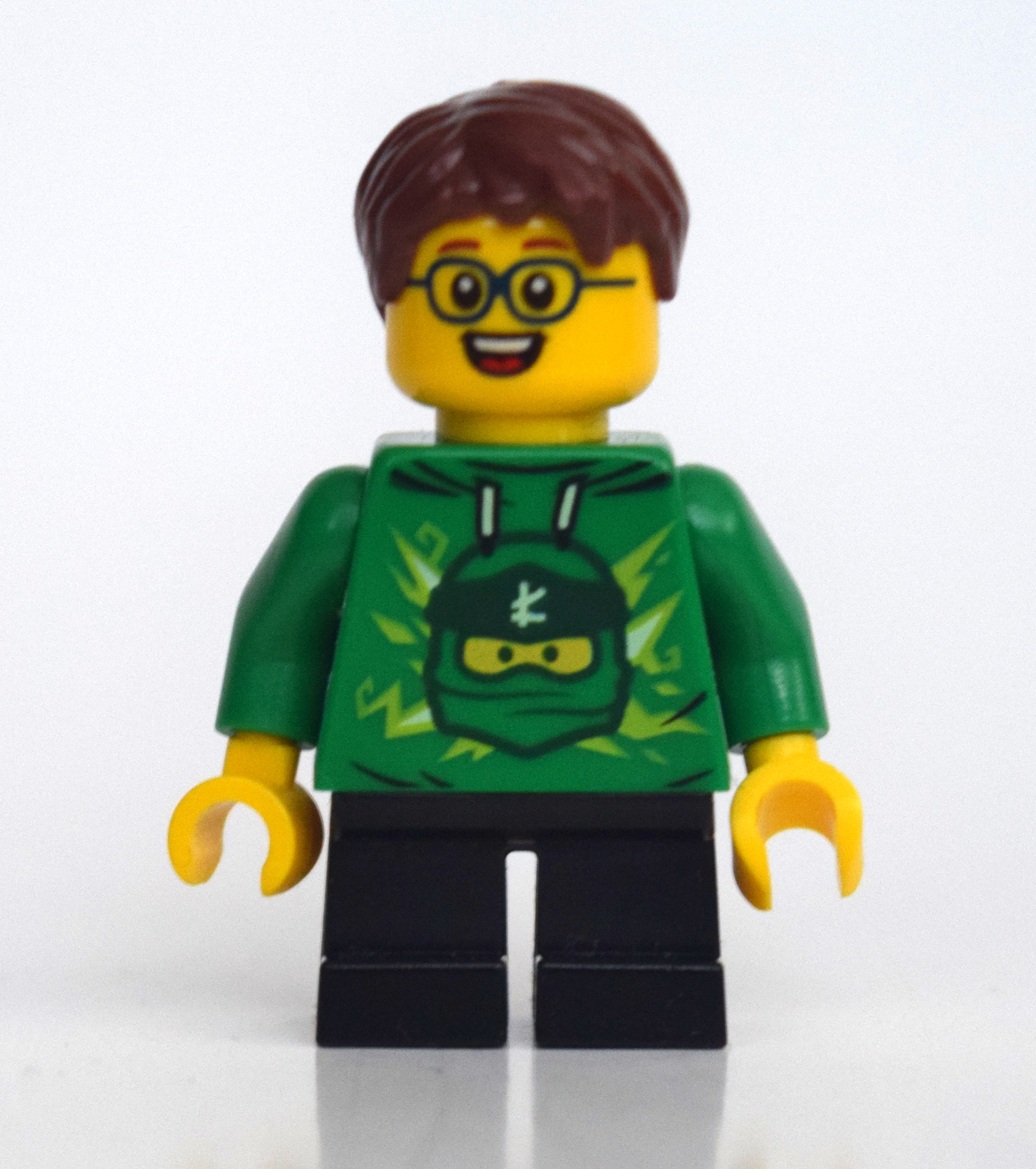 LEGO Boy, Green Ninjago Hoodie, Short Black Legs, Reddish Brown Hair, Glasses (fig-010757)