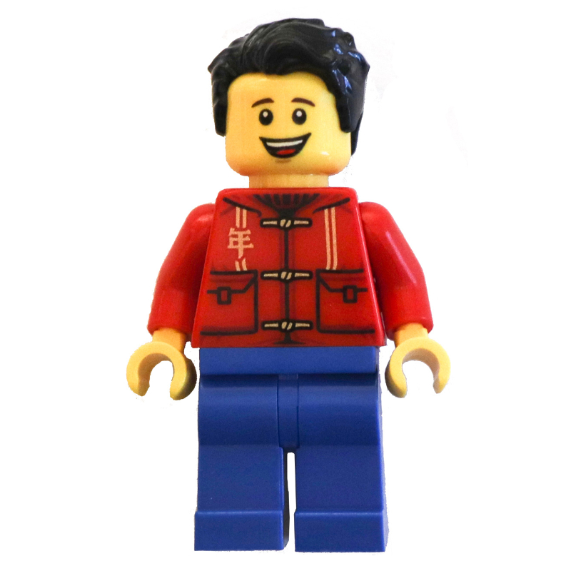 LEGO Red Torso, Blue Legs, Black Hair, Tan Bag (fig-010767)