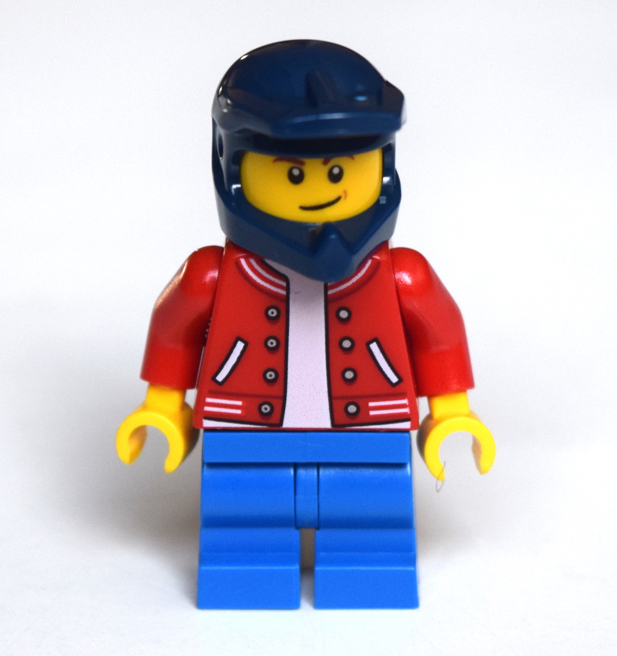 LEGO Boy, Red Letterman Jacket, Blue Medium Legs, Dark Blue Dirt Bike Helmet (fig-010778)