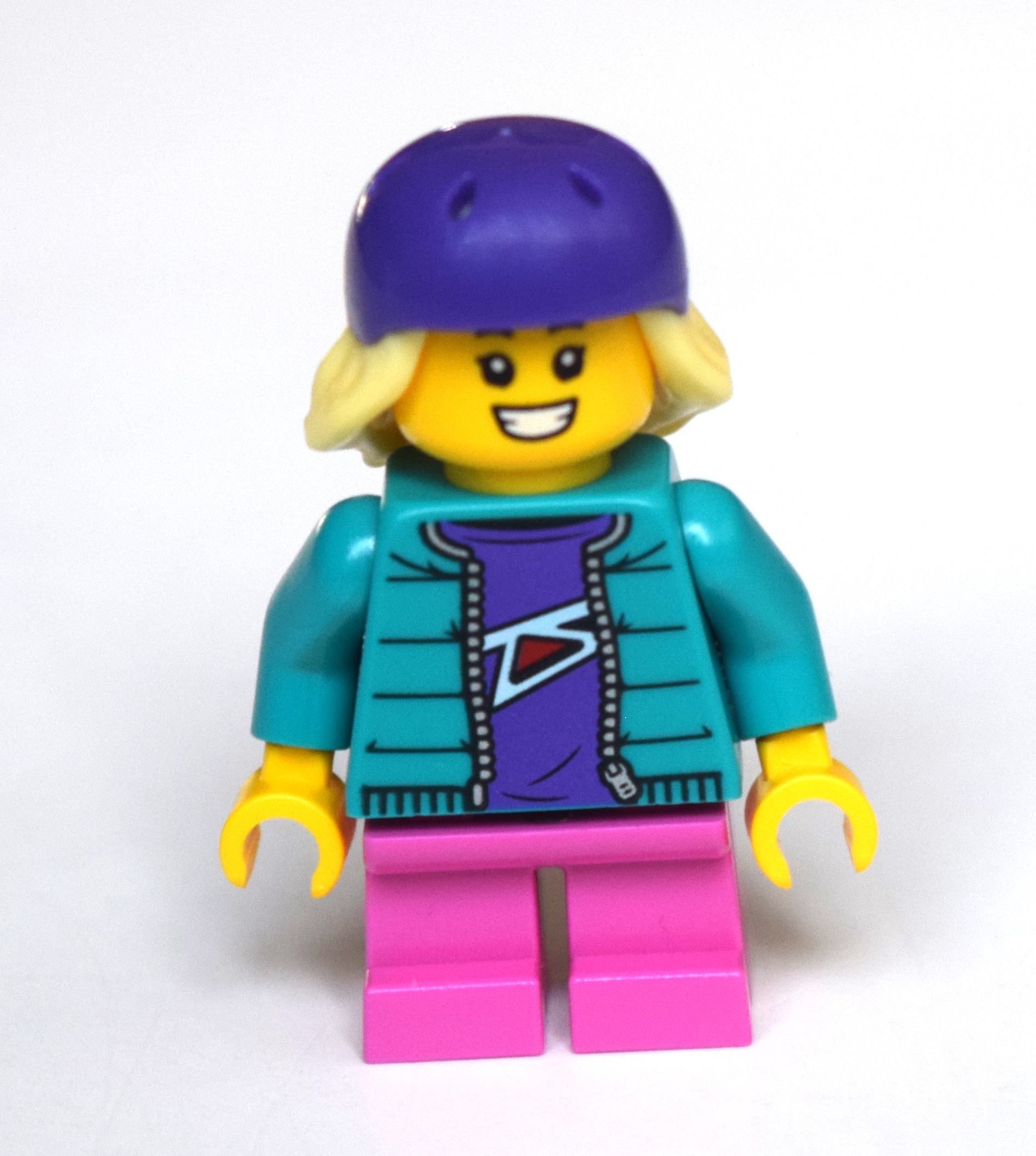LEGO Girl, Dark Turquoise Jacket, Short Dark Pink Legs, Dark Purple Bike Helmet (fig-010779)
