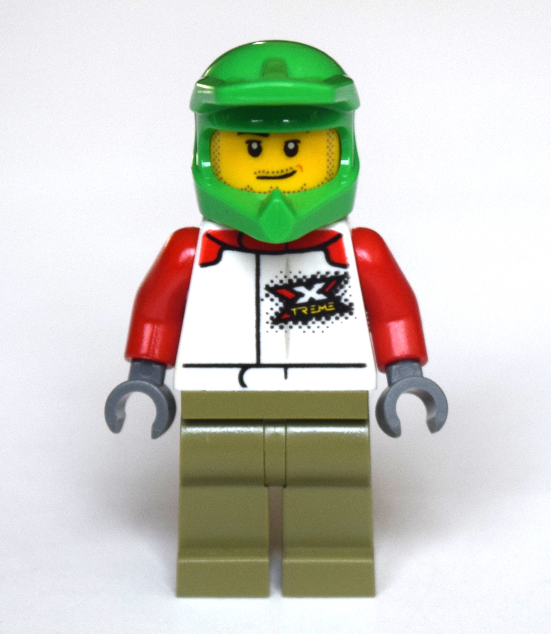 LEGO Man, White Racing Jacket, Olive Green Legs, Green Dirt Bike Helmet, Stubble (fig-010780)