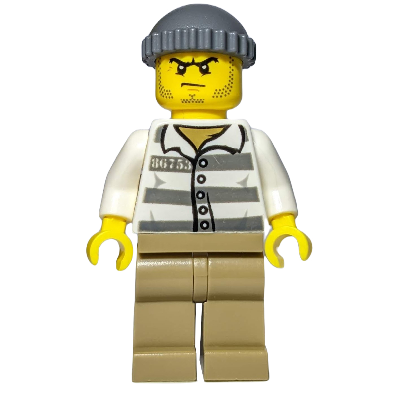 LEGO Criminal, Prison Shirt '86753', Dark Tan Legs, Hat, Stubble (fig-010782)