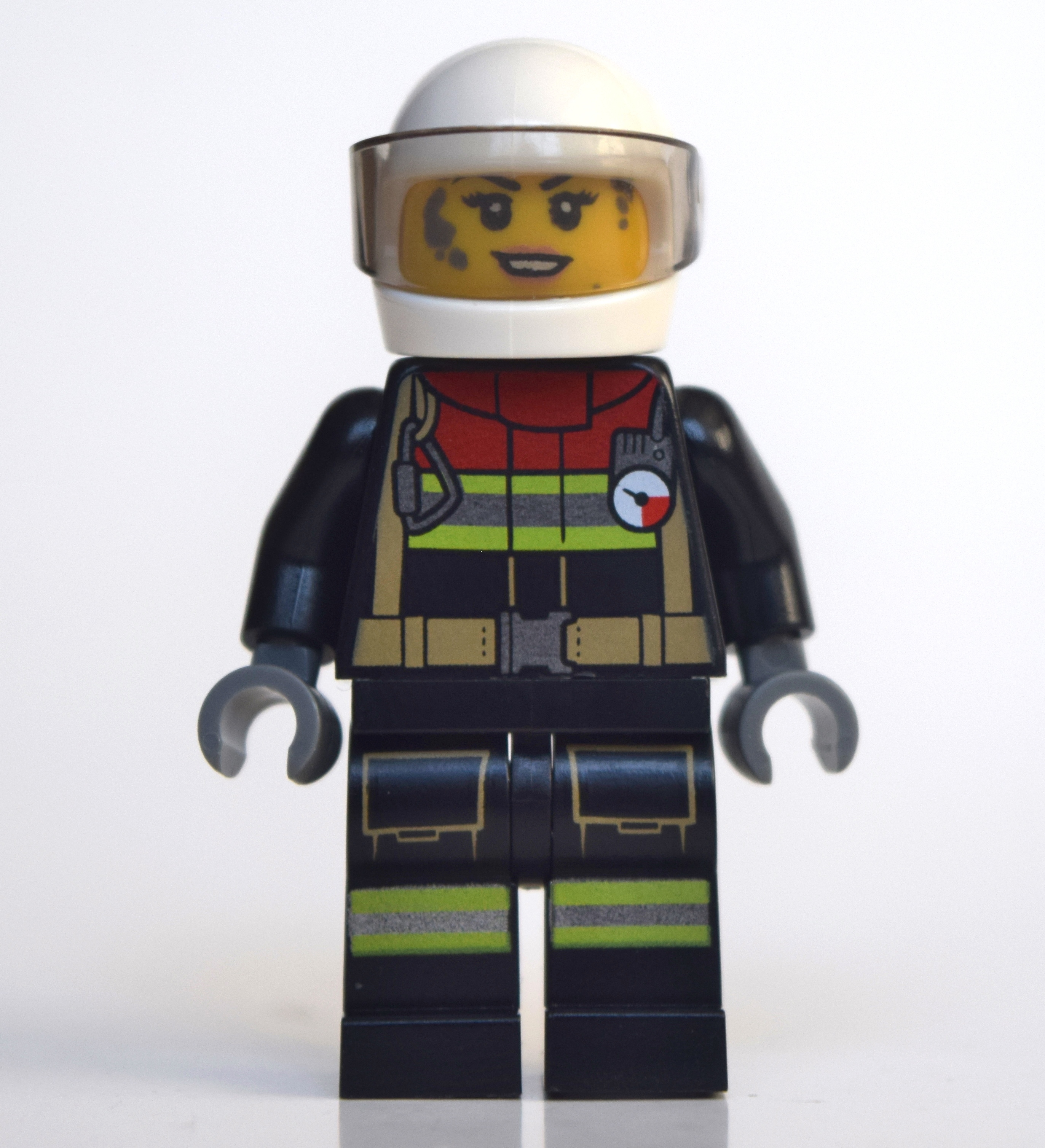 LEGO Firewoman, Firesuit with Straps and Gauge, White Helmet with Visor, Dirty Face (fig-010783)