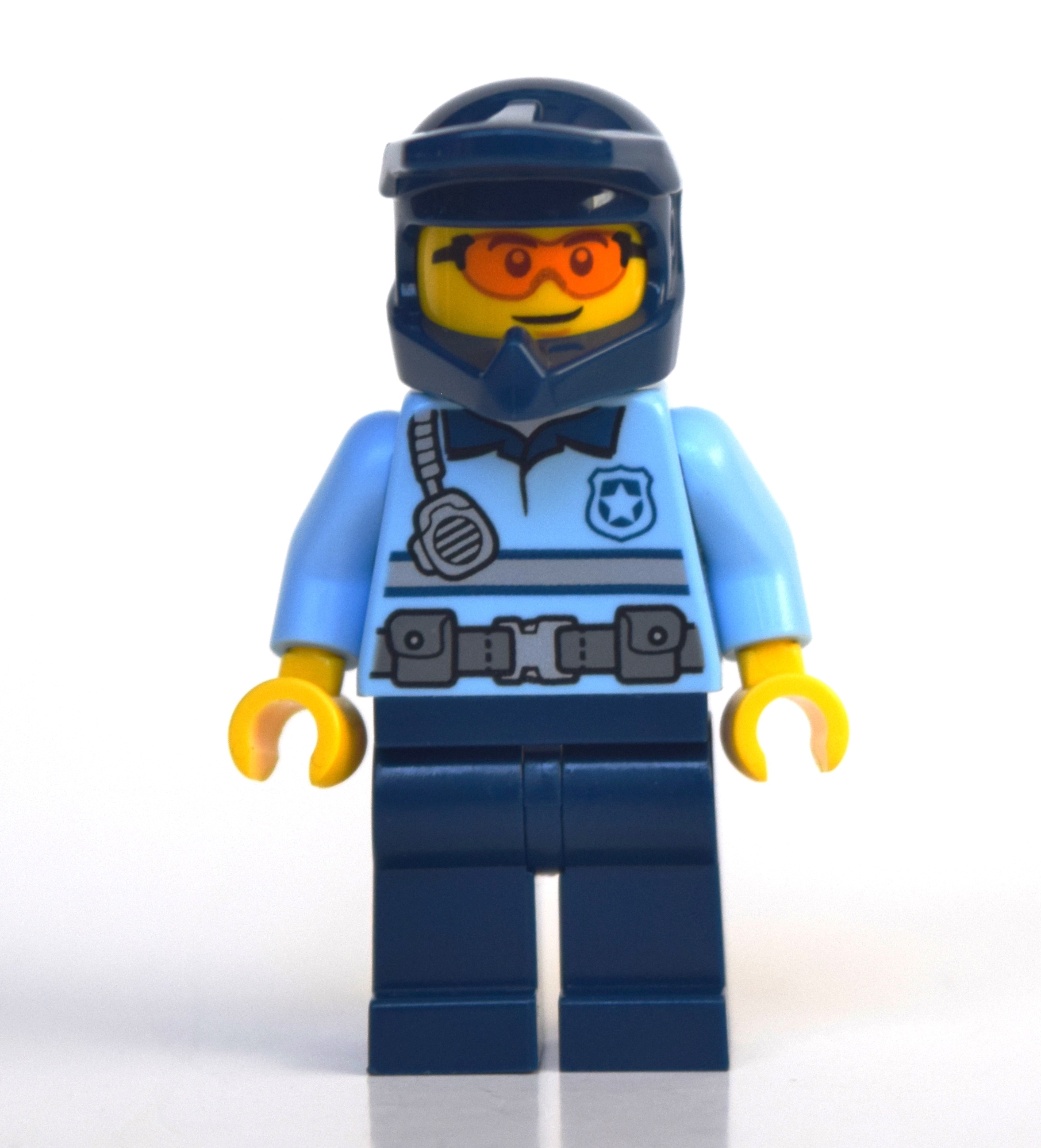 LEGO Policeman, Polo Shirt with Belt and Radio, Dark Blue Legs, Dark Blue Dirt Bike Helmet, Orange Glasses (fig-010784)