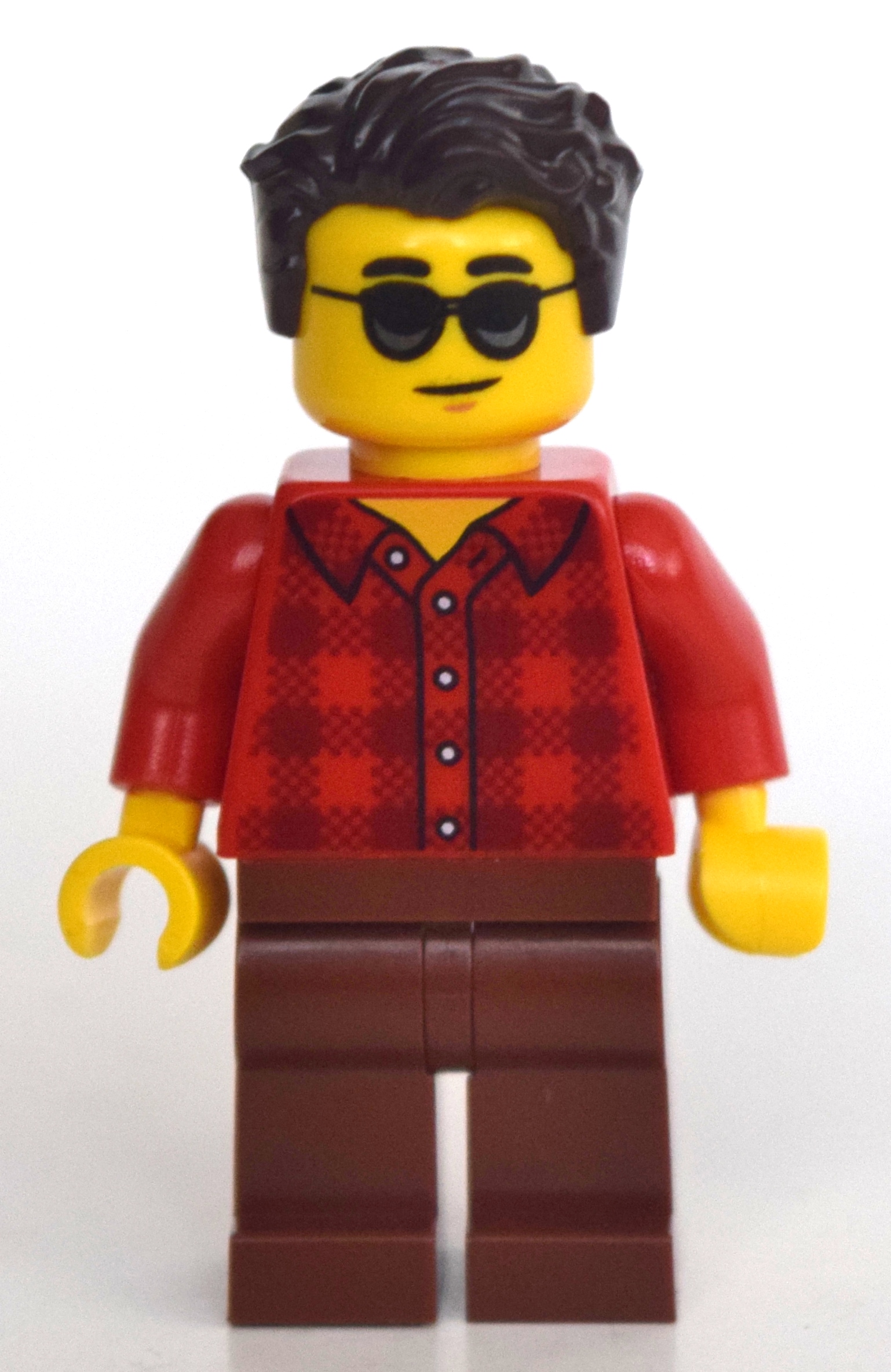 LEGO Man, Red Plaid Shirt, Reddish Brown Legs, Sunglasses, Dark Brown Hair (fig-010791)