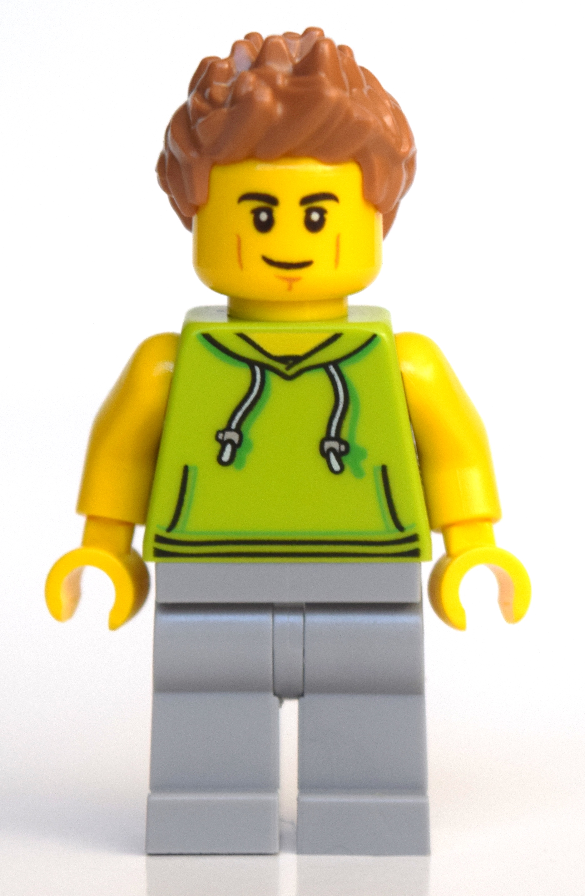 LEGO Man, Lime Hoodie, Light Bluish Gray Legs, Medium Nougat Hair (fig-010795)