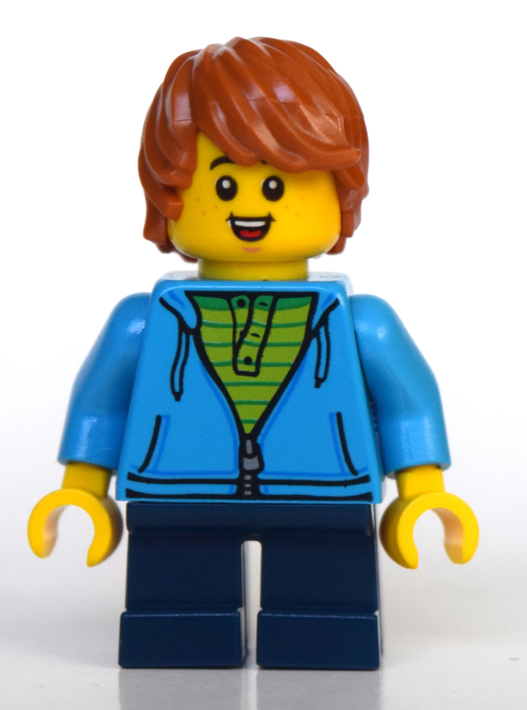 LEGO Boy, Dark Azure Hoodie, Short Dark Blue Legs, Dark Orange Hair (fig-010797)