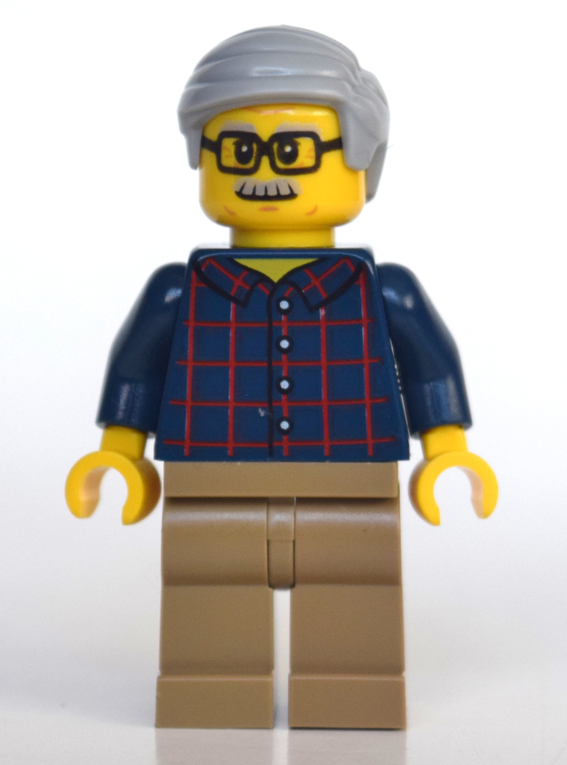 LEGO Man, Dark Blue Plaid Shirt, Dark Tan Legs, Light Bluish Gray Hair and Moustache, Glasses (fig-010798)