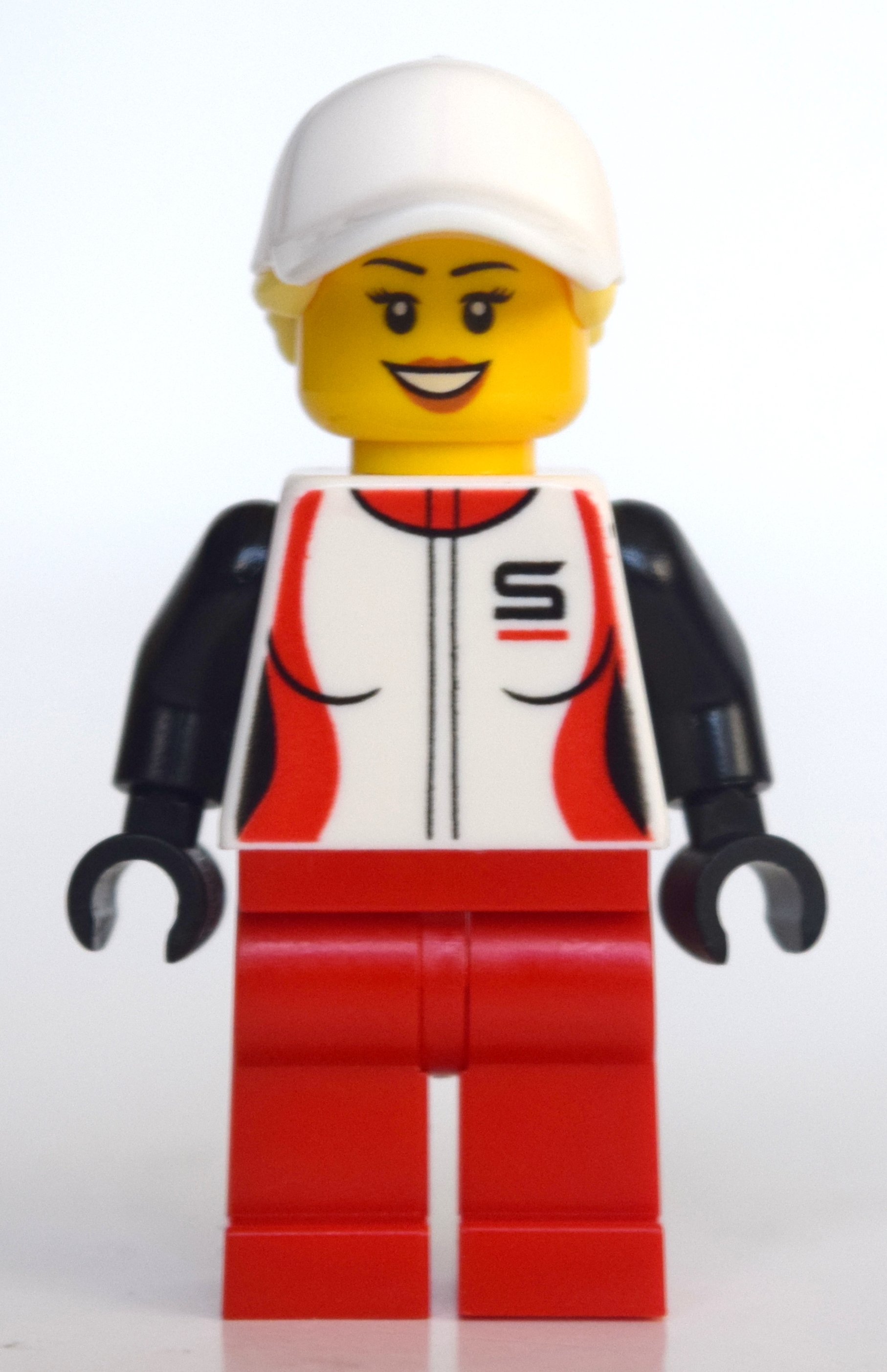 LEGO Woman, Racing Jacket, Red Legs, Ponytail with White Cap (fig-010799)