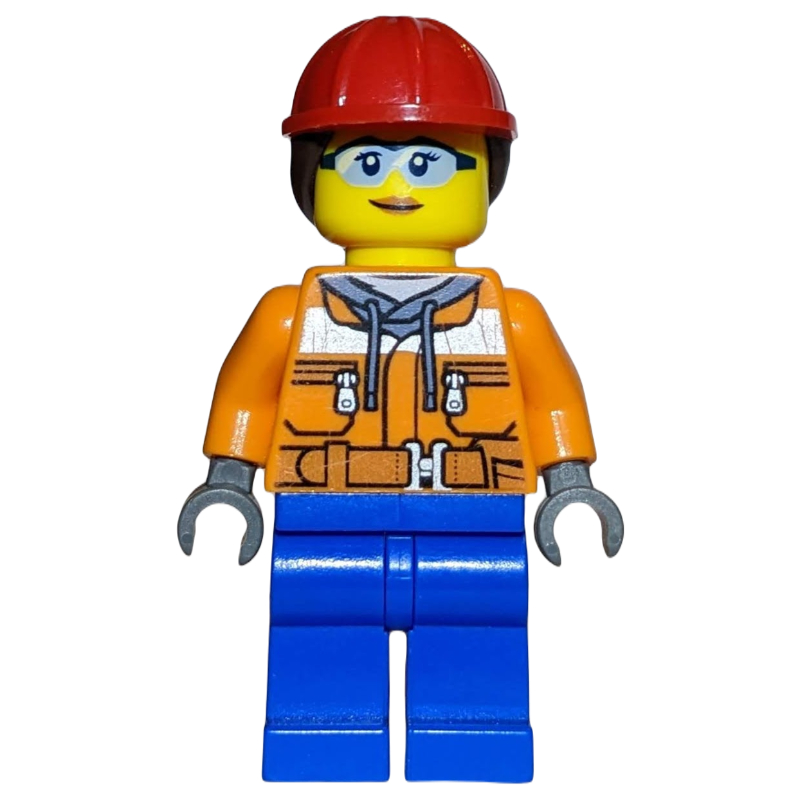 LEGO Construction Worker, Woman, Orange Safety Jacket, Blue Legs, Ponytail with Red Hard Hat (fig-010800)