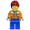 Construction Worker, Woman, Orange Safety Jacket, Blue Legs, Ponytail with Red Hard Hat