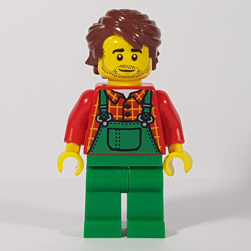 LEGO Man, Green Overalls, Reddish Brown Hair, Stubble Beard (fig-010819)