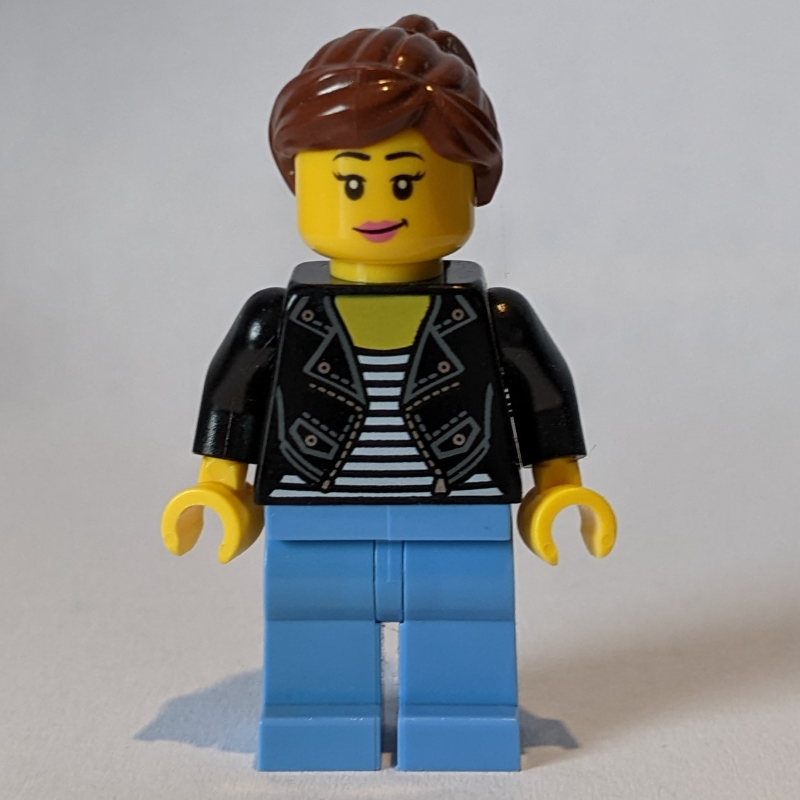 LEGO Woman, Black Jacket, Medium Blue Legs, Reddish Brown Hair (fig-010820)