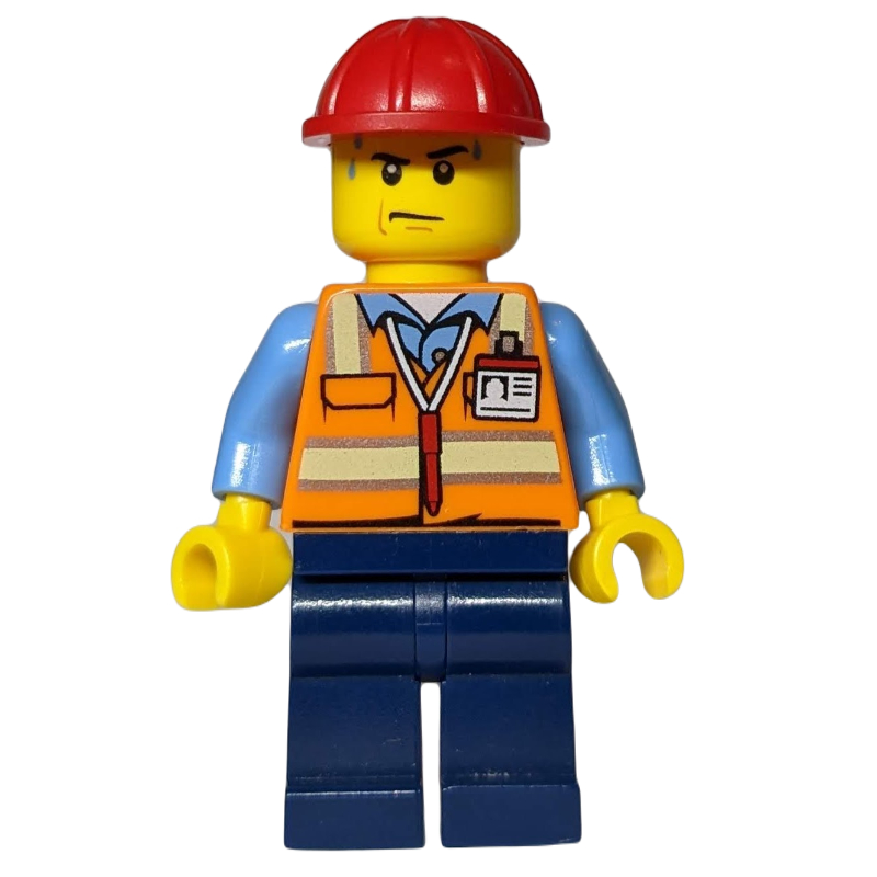 LEGO Man, Orange Safety Vest, Dark Blue Legs, Red Hard Hat, Sweat Drops (fig-010835)