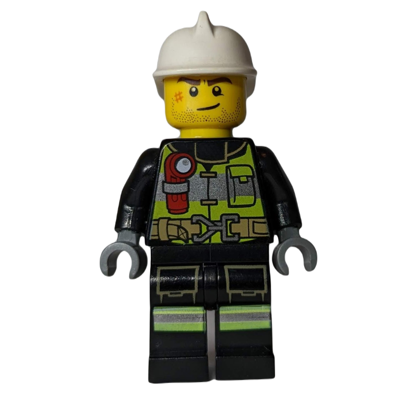 LEGO Fireman, Black Firesuit with Lime Safety Vest and Torch, White Helmet (fig-010838)