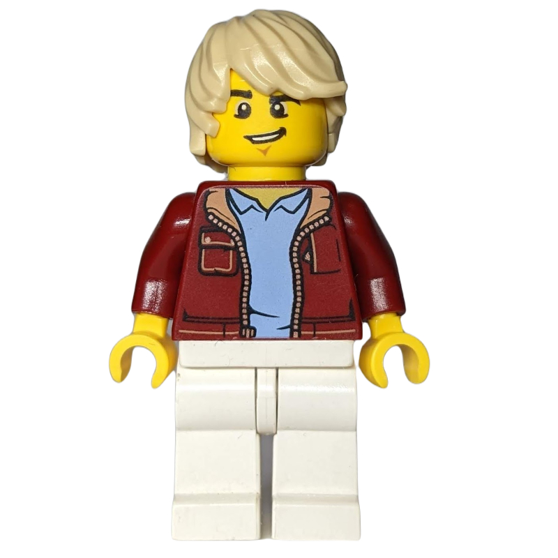 LEGO Man, Dark Red Jacket, White Legs, Tan Hair (fig-010844)