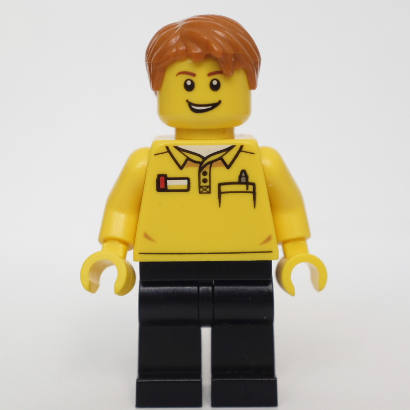 LEGO LEGO Employee, Yellow Shirt, Black Legs, Dark Orange Hair (fig-010845)