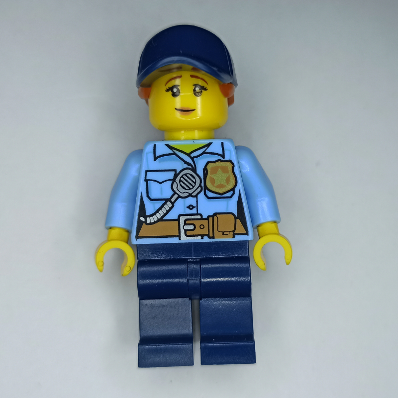 LEGO Policewoman, Bright Light Blue Shirt, Dark Blue Legs, Dark Blue Cap with Ponytail (fig-010850)