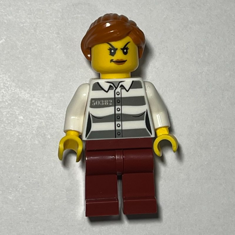 LEGO Criminal, Woman, Prison Shirt with '50382', Dark Red Legs, Dark Orange Hair (fig-010855)