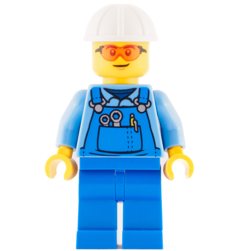 LEGO Worker - Medium Blue Torso, Blue Overall, Orange Glasses, White Helmet (fig-010886)