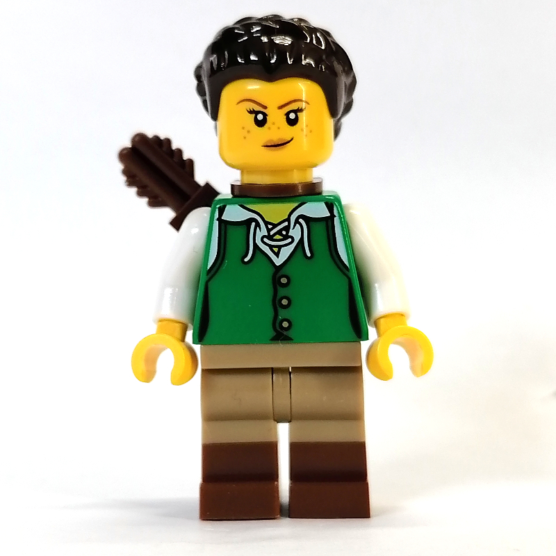 LEGO Woman - Green Tunic, Dark Tan/Reddish Brown Legs, Dark Brown Hair, Quiver (fig-010921)