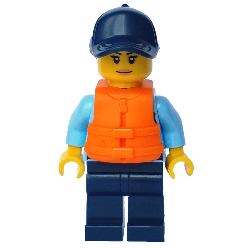 LEGO Policewoman, Bright Light Blue Shirt with Radio and Badge, Dark Blue Legs, Dark Blue Cap with Hair, Orange Life Jacket (fig-010986)