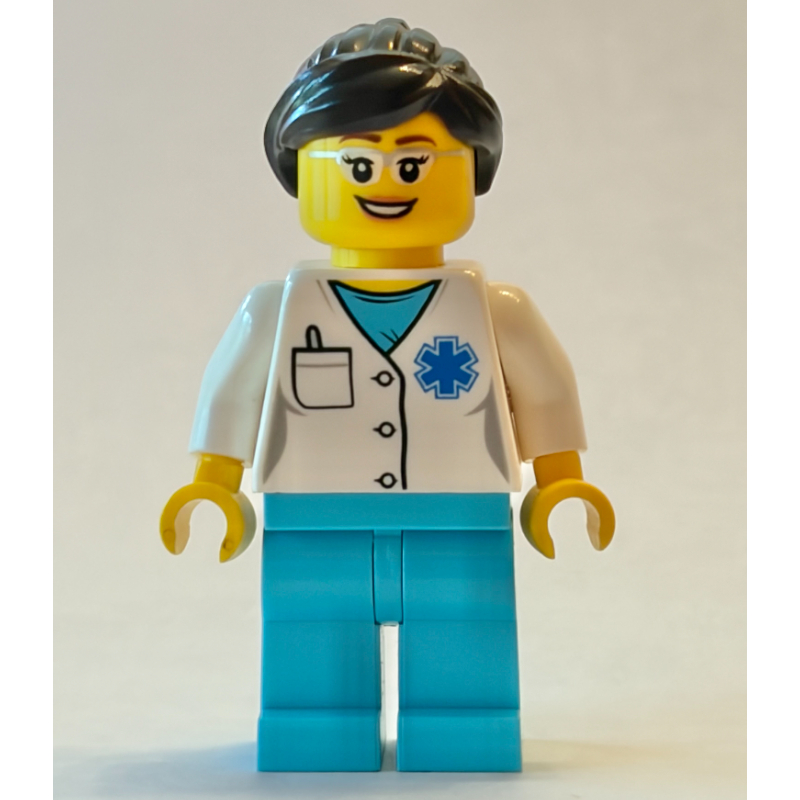 LEGO Doctor, Woman, White Shirt over Medium Azure Scrubs with Star of Life and Pocket, Dark Brown Hair, Glasses (fig-010989)
