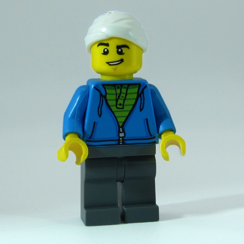 LEGO Man, Dark Azure Hoodie over Lime Shirt, Dark Bluish Gray Legs, Head Bandage (fig-010990)
